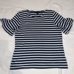 JCrew Navy and White Striped Shirt with Ruffle Sleeves